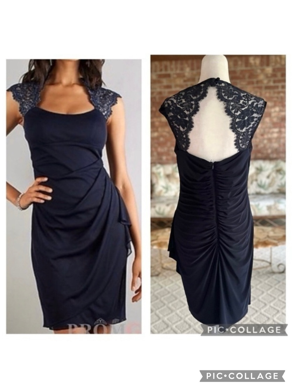 Xscape Navy Blue Ruched Lace Backless Cap Sleeve Dress 14 Cocktail Party